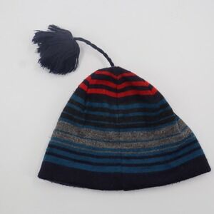Smartwool Merino Wool Striped Beanie Tassel Pom Pom Hat Navy Blue Red SC113